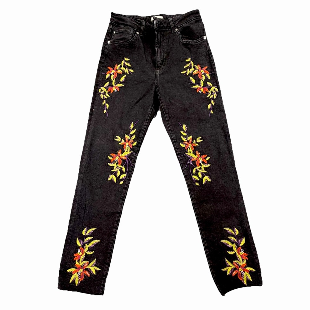 H&M Black Boho Embroidered Floral Jeans High‎ Rise Skinny US 8 NWT